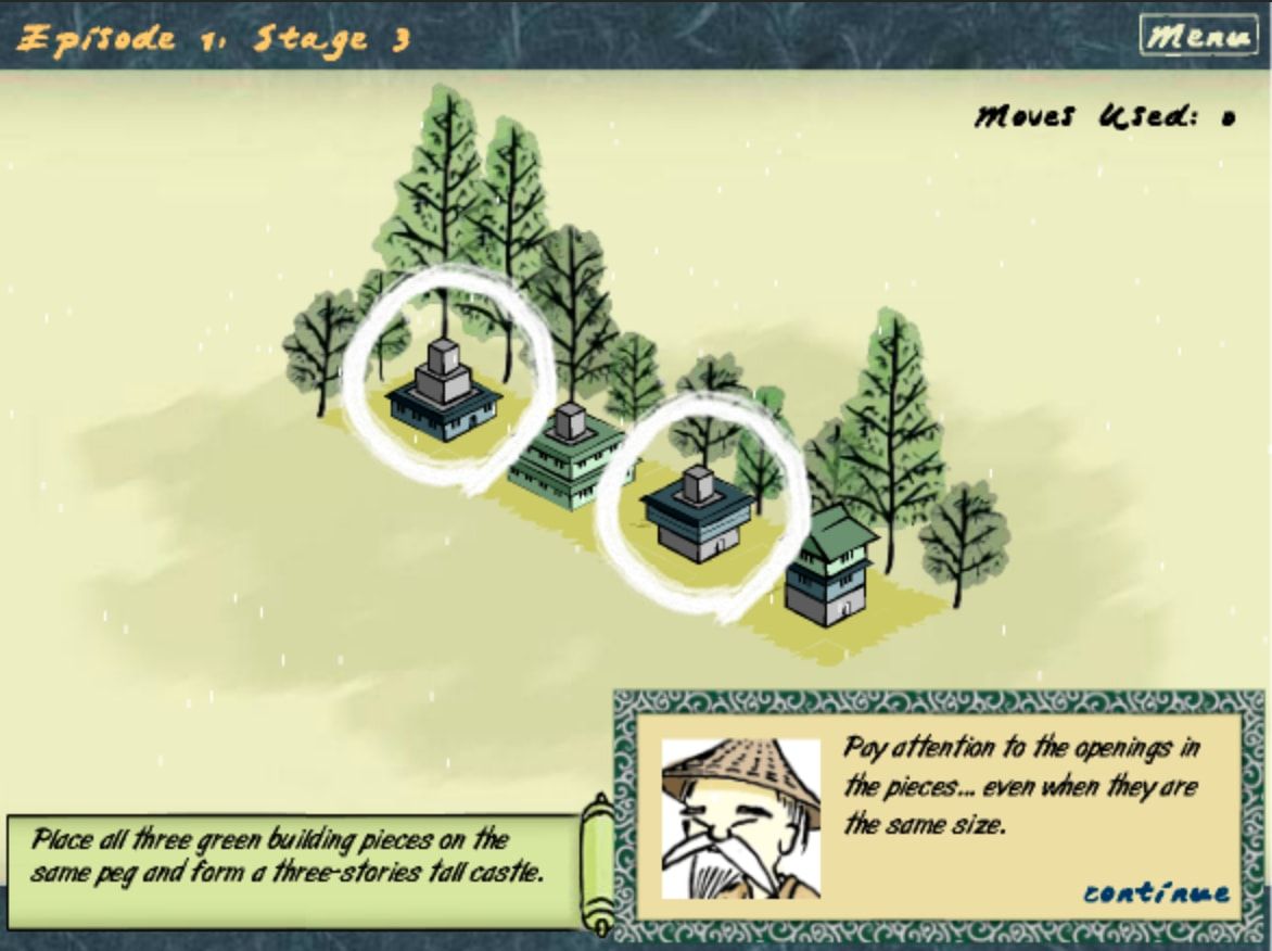 Oshiro in 2005: a flat Flash puzzle board with green castle pieces and Master Yamamoto's dialogue box