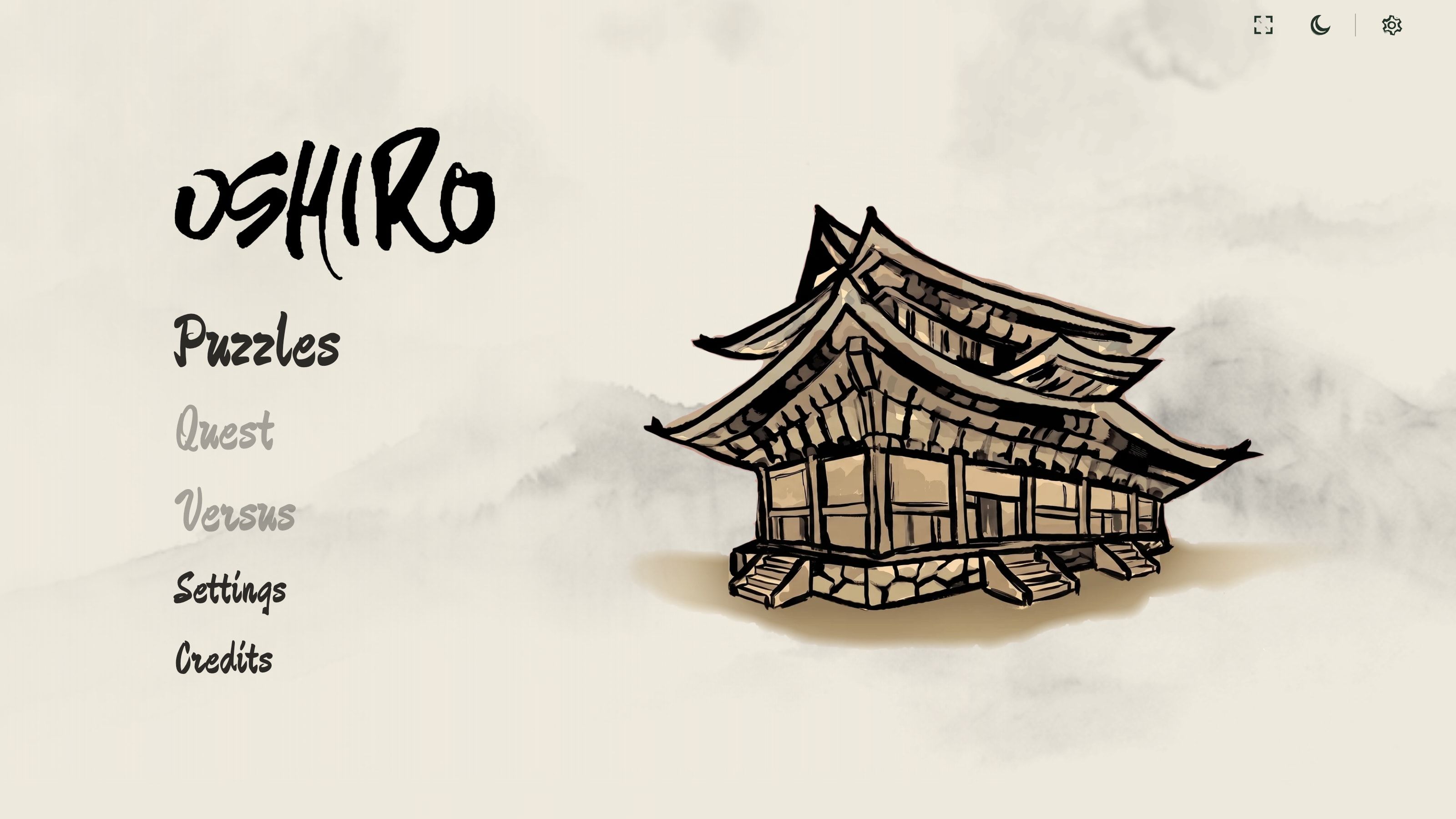 The main menu: the Oshiro brush logo beside an ink drawing of a castle
