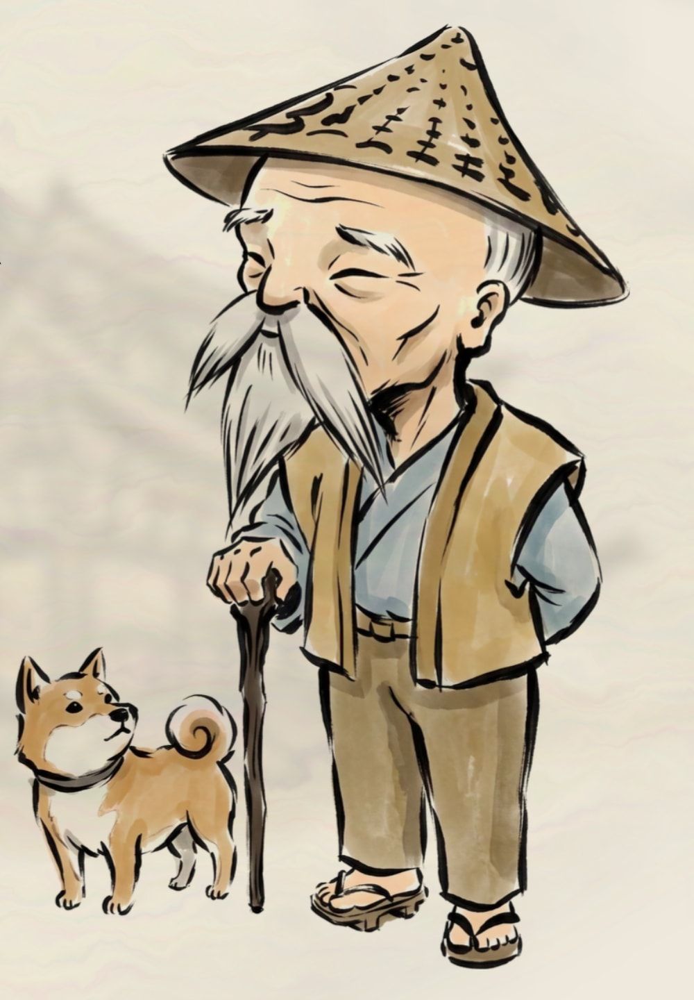 Master Yamamoto in a straw hat, leaning on his cane, with his shiba beside him